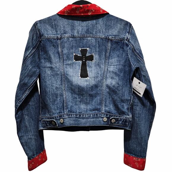 Christian Rhinestone Cross Upcycled Vintage Levi's Paisley Accent Jean Jacket, M - Picture 5 of 5